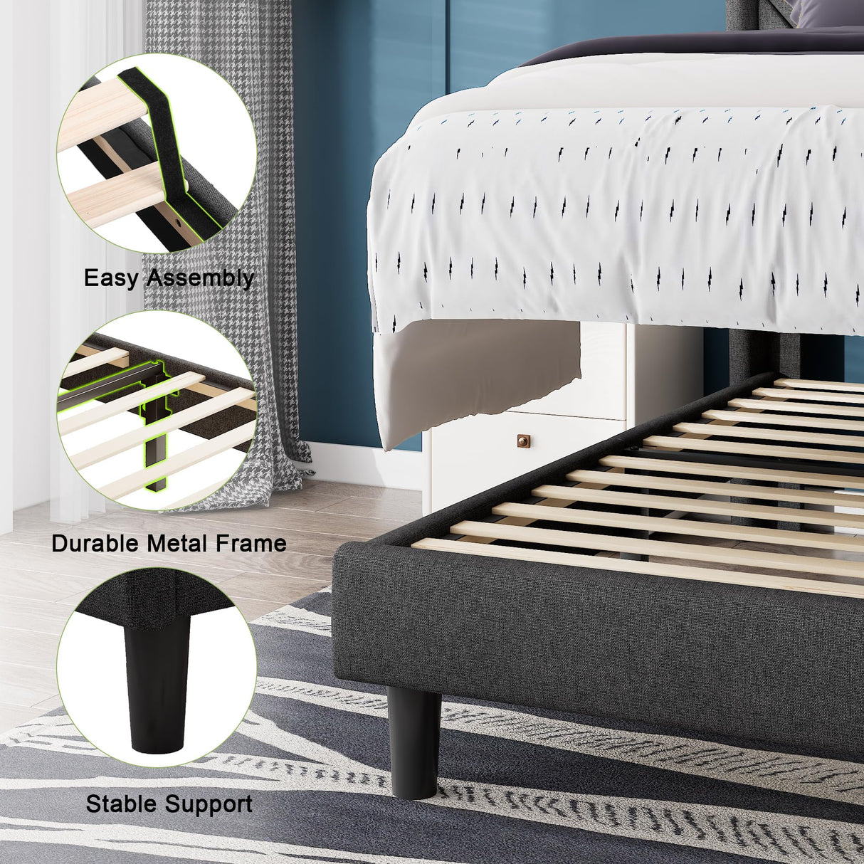 Feonase Twin Bed Frame, Upholstered Bed Frame with Charging Station, Wingback Storage Headboard, No Box Spring Needed, Noise-Free, Dark Gray Feonase