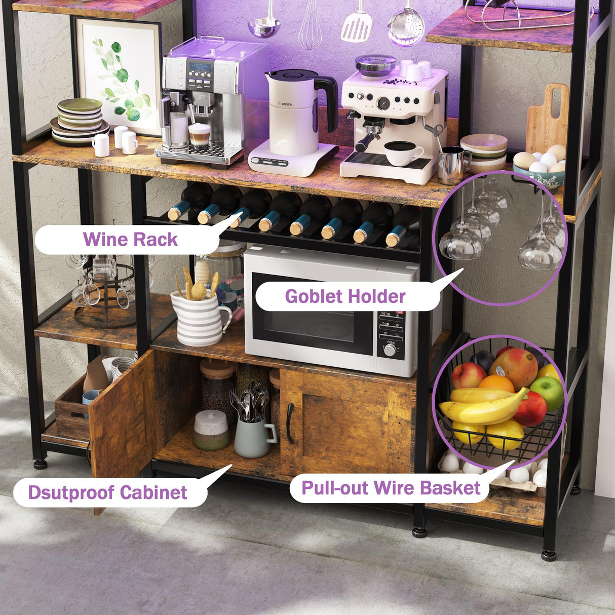GarveeHome 55" Bakers Rack with Power Outlet and LED Light, 5-Tier Kitchen Microwave Stand Coffee Bar with Storage, 10 Hooks, Wire Basket, Metal Grid, Wine Rack, Goblet Holder, Rustic Brown GarveeHome