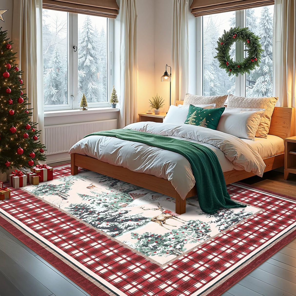 GarveeHome Christmas Washable Rug for Living Room, 6x9 Holiday Decor Area Rug for Bedroom Soft Low Pile Christmas Tree and Deer Rug Non Slip Throw Large Carpet for Dining Room Nursery, Red GarveeHome