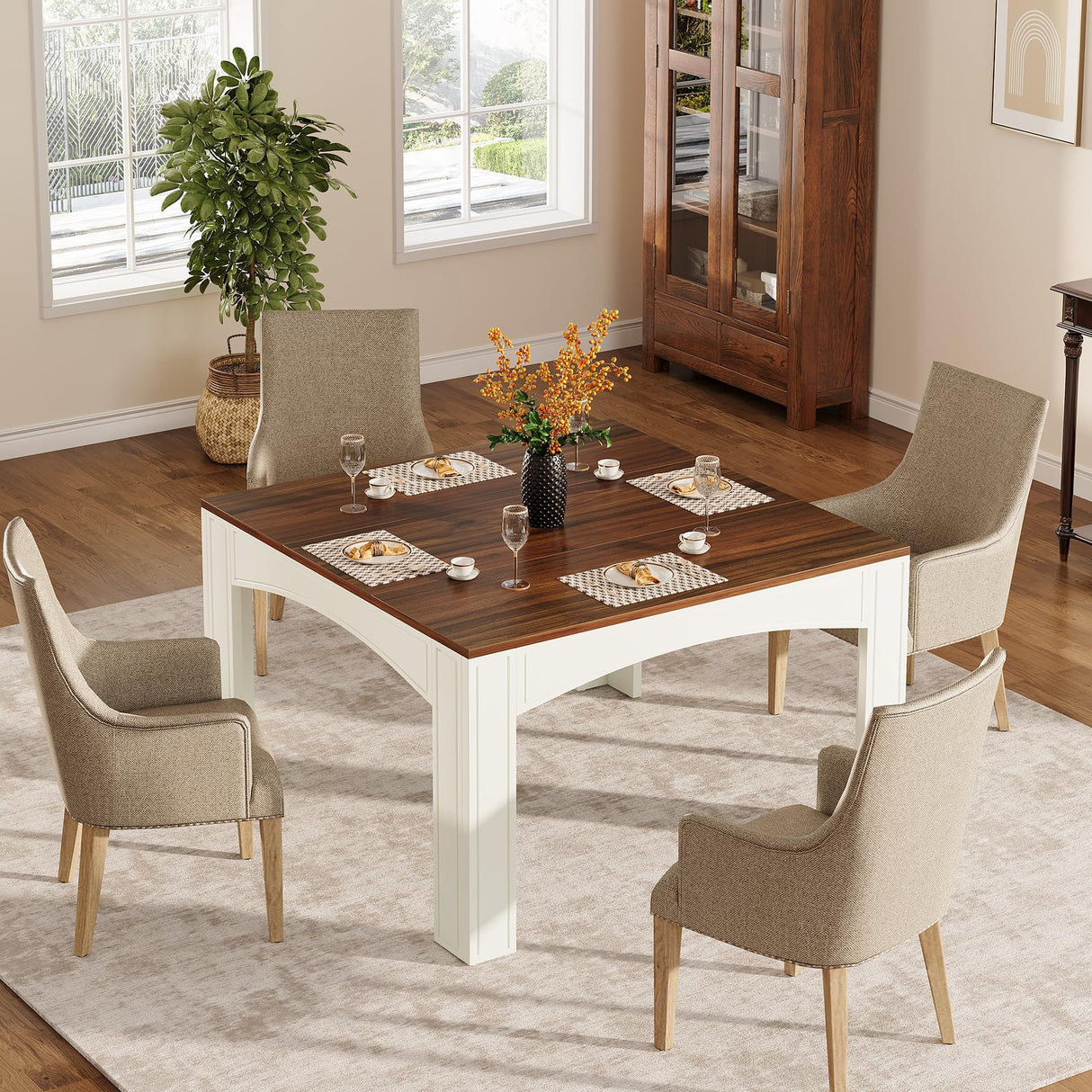 Tribesigns Square Dining Table for 4 People, 39.4-Inch Farmhouse Wood Kitchen Table Dinner Table for Dining Room, Small Space, Walnut + White Tribesigns