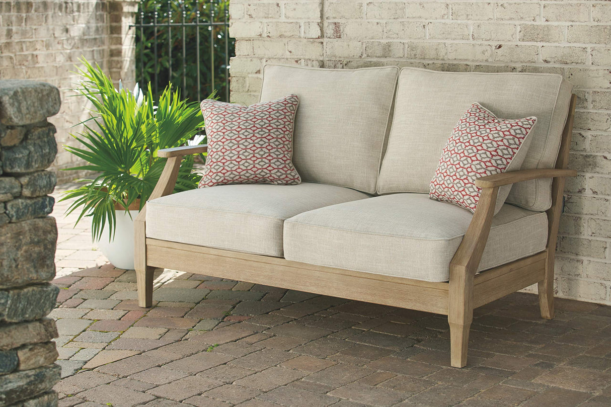 Signature Design by Ashley Clare View Coastal Outdoor Patio Eucalyptus Loveseat with Cushions, Beige Signature Design by Ashley