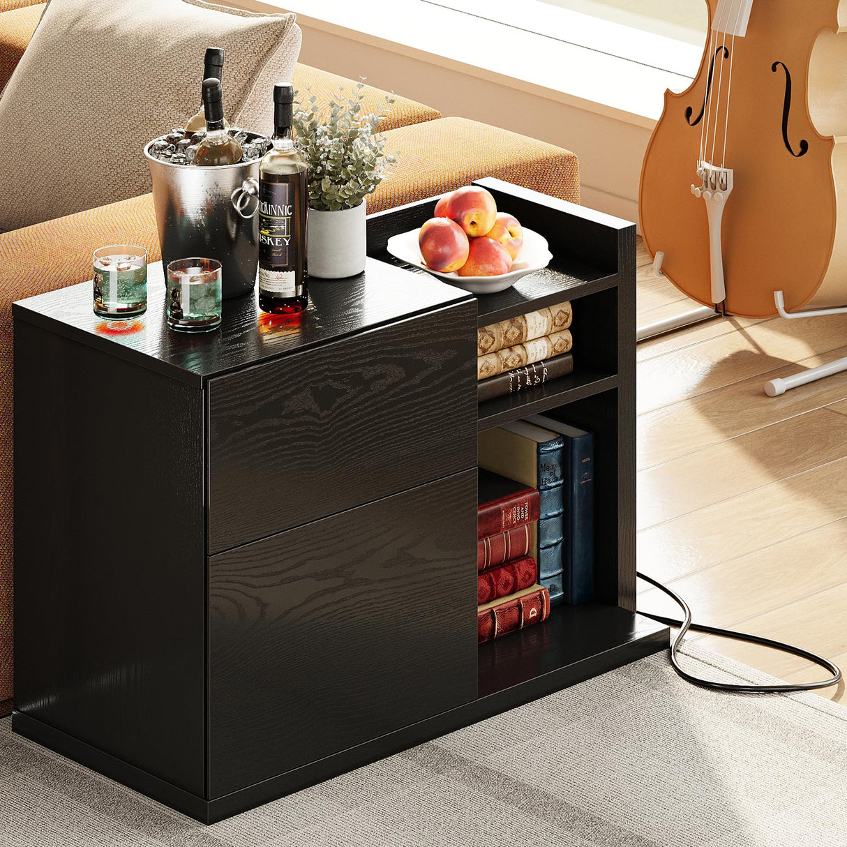 LIKIMIO Black Night Stand with Shelves, Charging Station & LED, 2 Drawer Wooden Bedside Table Record Player Stand for Bedroom, Entryway, Large LIKIMIO