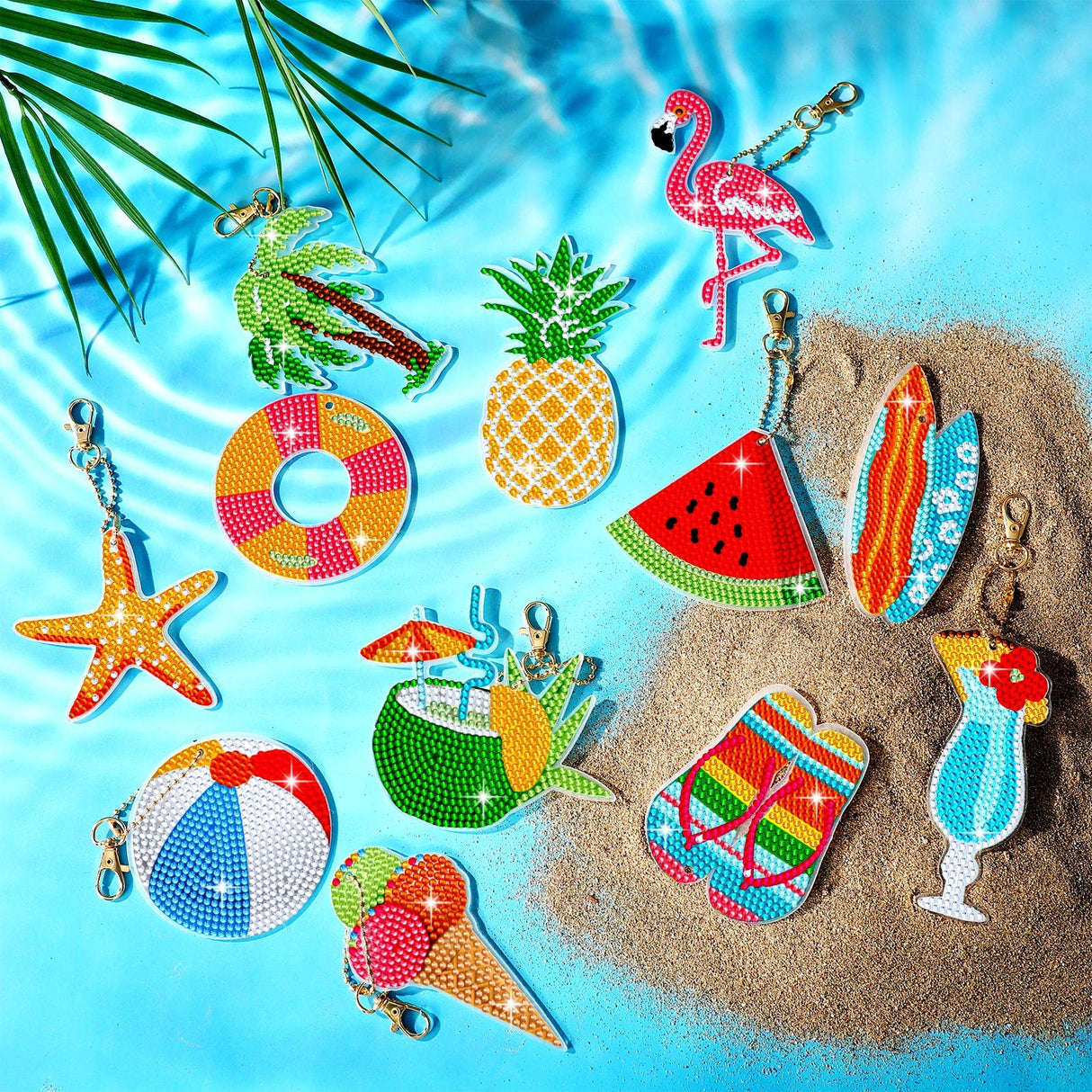 Thinkday 12 Pack Summer Diamond Painting Keychain Kits 5D Diamond Art Keychains DIY Painting Kit Summer Hanging Diamond Art Kits Diamond Art for Kids DIY Crafts (Summer) Thinkday