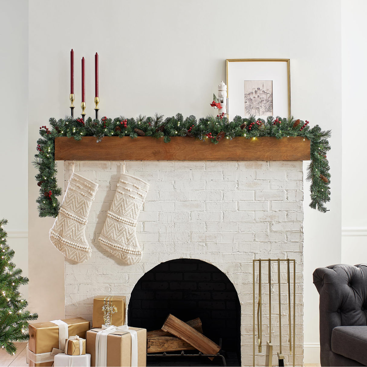 National Tree Company Pre-Lit Artificial Christmas Garland, Green, Crestwood Spruce, White Lights, Decorated with Pine Cones, Berry Clusters, Battery Operated, Christmas Collection, 9 Feet National Tree Company