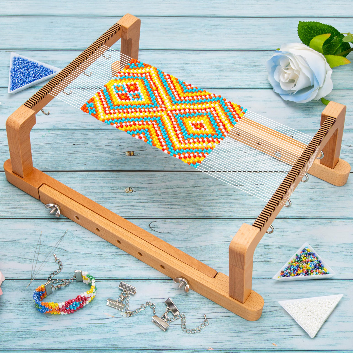 PP OPOUNT Adjustable Bead Loom Kit, Wood Loom Beading Supplies with Detailed Instructions, Practical Jewelry Making Accessories, Beading Loom Kits for Adults Jewelry Making Bracelets Belts PP OPOUNT