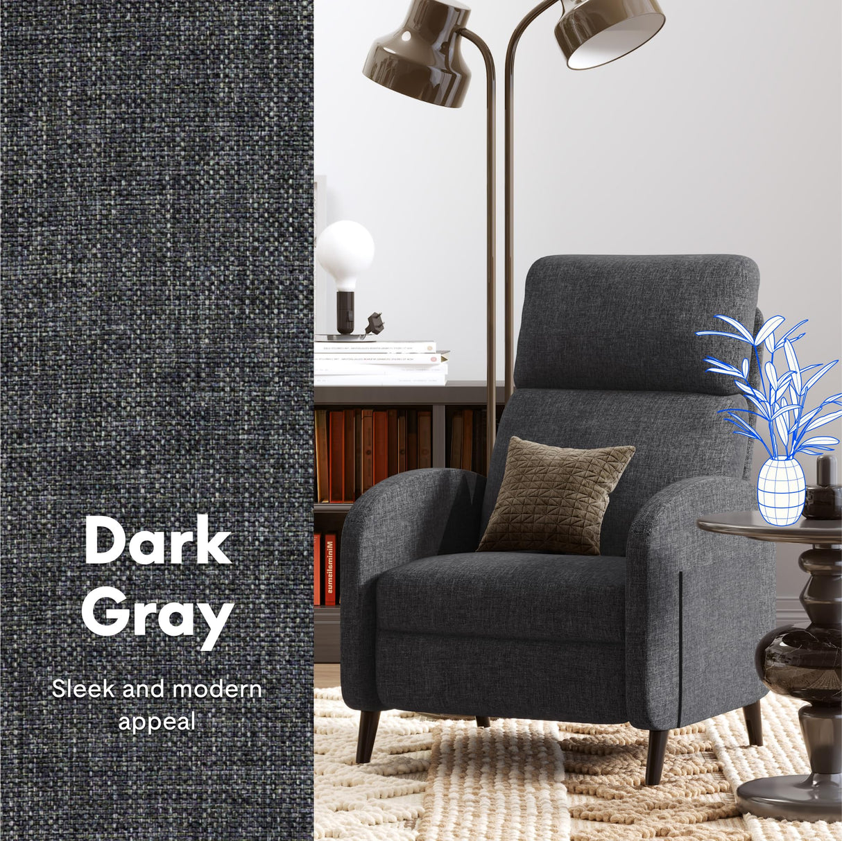 FLEXISPOT XC2 Recliner Chair for Adults, Fabric Small Reclining Chair Home Theater Seating with Side Pockets, Adjustable Modern Single Sofa Armchair, Extended Footrest for Living Room(Gray) FLEXISPOT