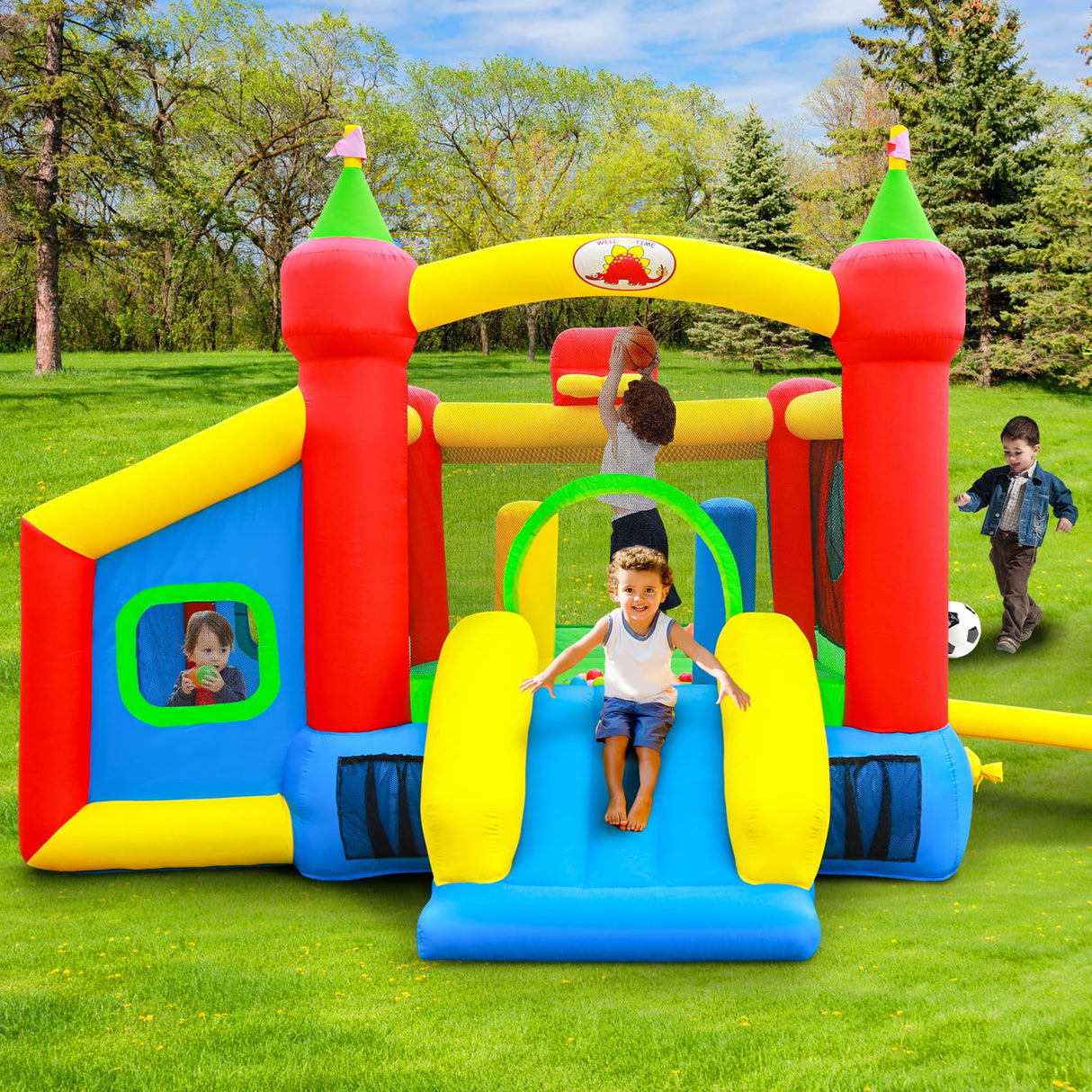 WELLFUNTIME Inflatable Bounce House,Jumping Castle Slide with Blower,Kids Bouncer with Ball Pit WELLFUNTIME