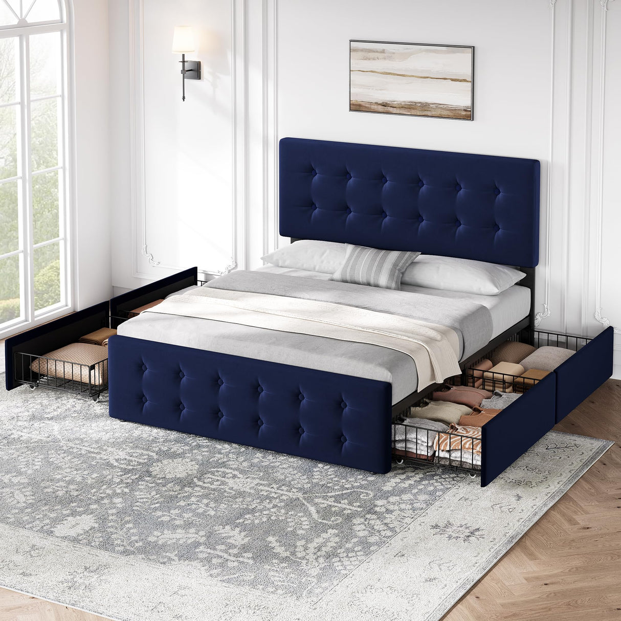 IDEALHOUSE Queen Size Bed Frame with 4 Storage Drawers and Headboard, Velvet Upholstered Platform Bed Frame with Wooden Slats Support, Button Tufted Design, No Box Spring Needed, Blue IDEALHOUSE