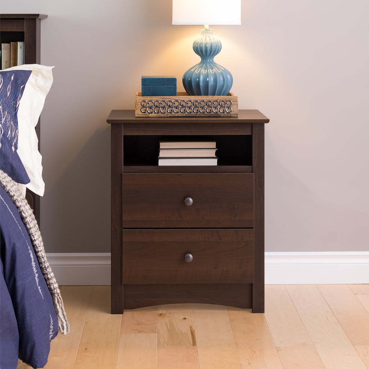 Prepac Sonoma 2 Drawer Nightstand: Elegant Bedroom Furniture, Bedside Table with Open Shelf, 23.25"W x 16"D x 28"H, Espresso Prepac