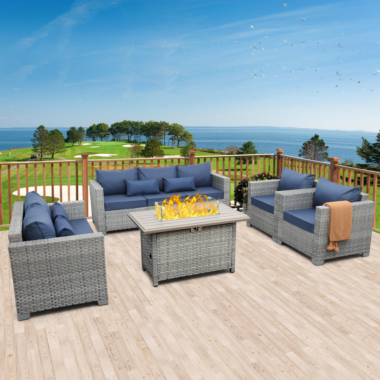 WAROOM Patio Furniture Set 5 Piece Grey Wicker Outdoor Furniture with Fire Pit Table, Patio Sectional Sofa Couch Sets Backyard Deep Seating PE Rattan Chairs, Navy Blue Cushion WAROOM