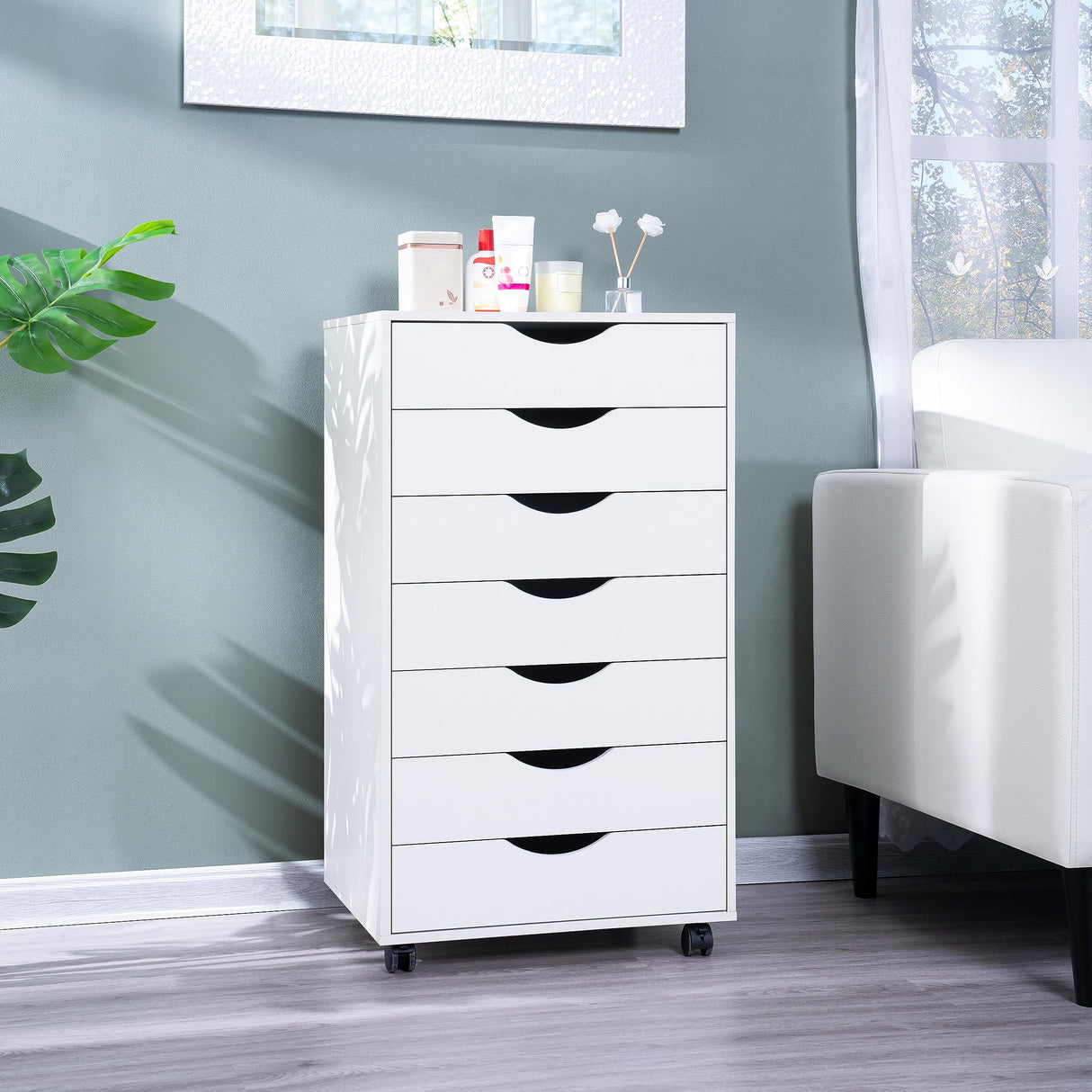 Naomi Home 7 Drawer Dresser for Bedroom, Stylish Tall Dressers with Wheels, Storage Shelves, Small Dresser for Closet, Makeup Dresser with 180 lbs Capacity - White Naomi Home