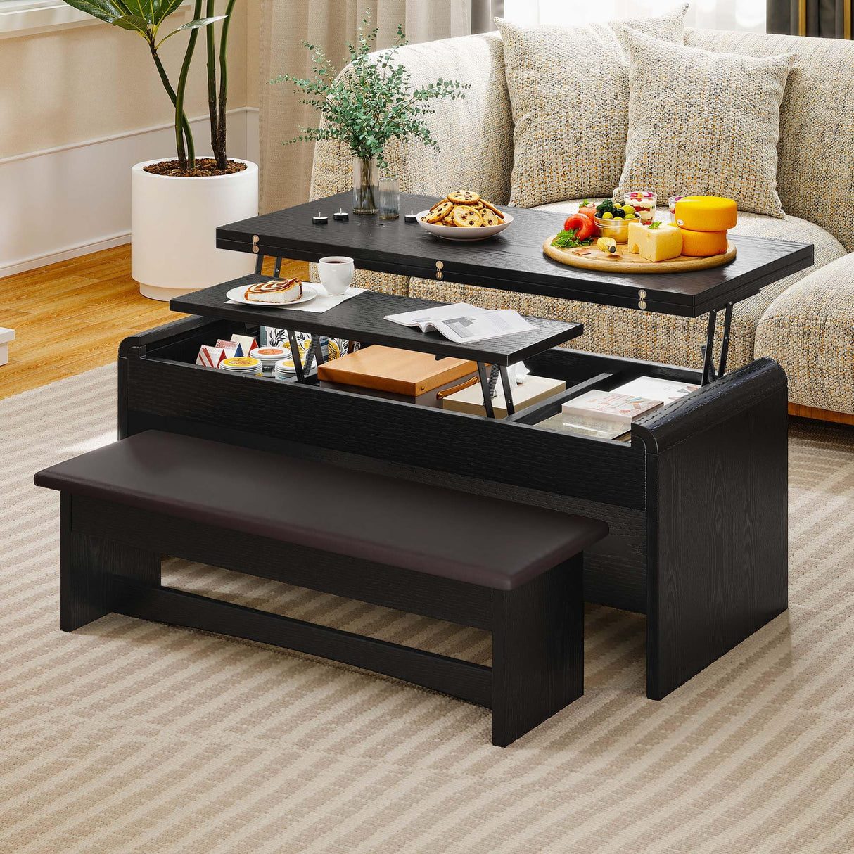 Homiflex Coffee Table Lift Top, 40'' Multi-Function Coffee Table Set with Bench & Hidden Compartment, Center Table w/Curved Corner, Converts to Home Office Table, Dining Table for Living Room, Black Homiflex