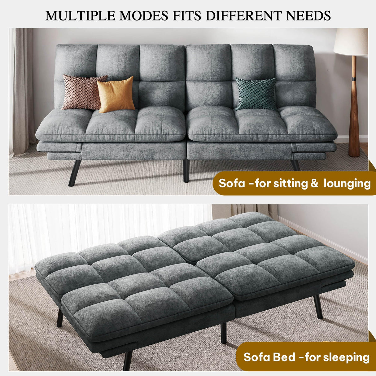 YITAHOME 70″ Convertible Futon Sofa Bed, Cat-Scratch-Proof Fabric Futon Couch with Adjustable Backrest and Armrest, Modern Loveseat Sleeper for Living Room Home Office, Dark Grey YITAHOME