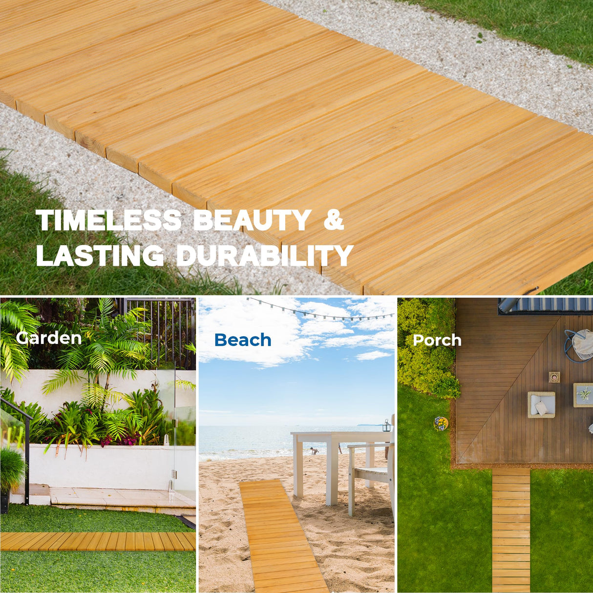 IDZO Wooden Garden Pathway 4 Times Reinforced Cord End, Anti-Slip Roll Out Walkway with Aging Resistant Rubber Spacer & Rustproof Steel Wire for Durable Use, Wooden Pathway for Outside, Beach, Patio IDZO