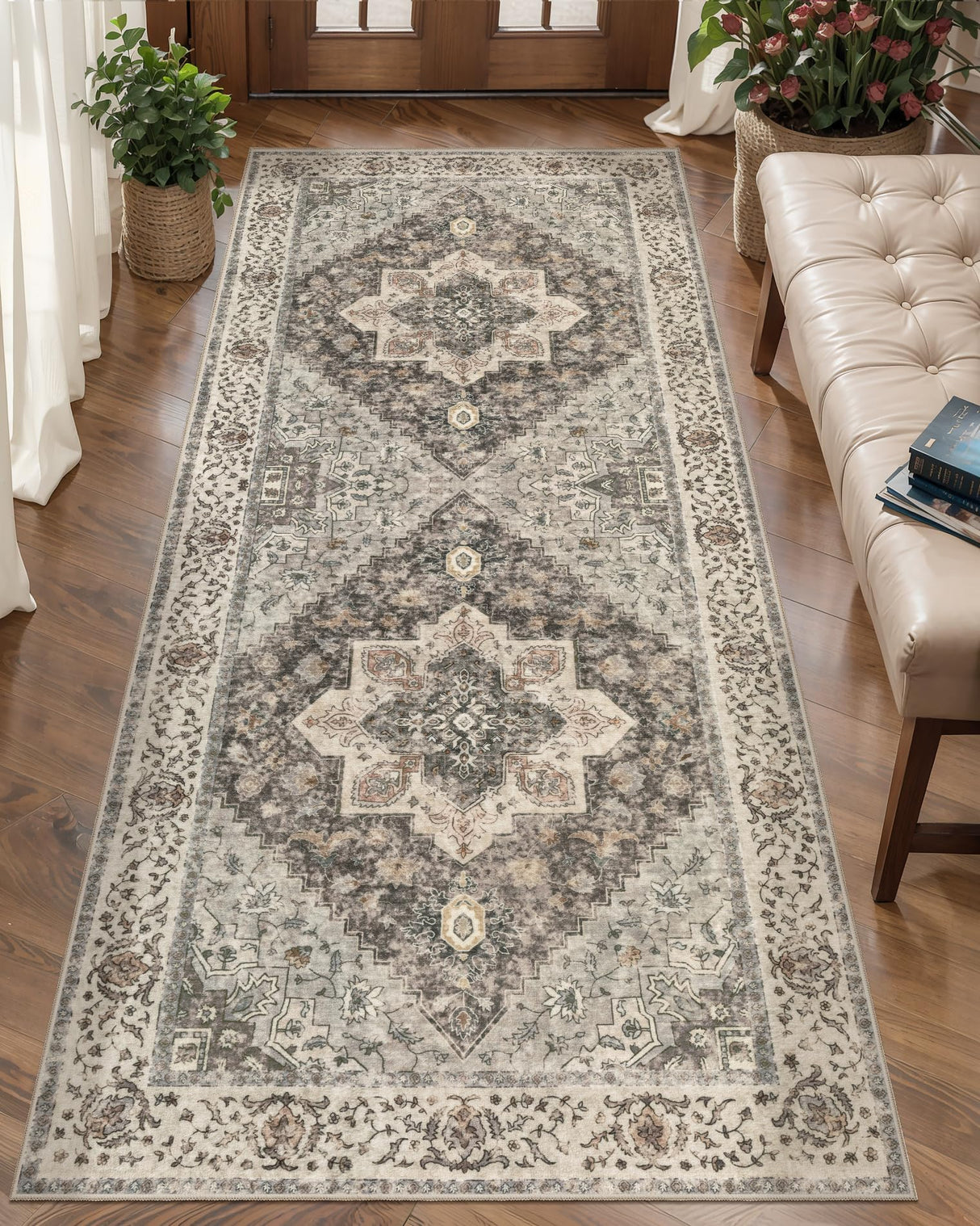 Tangsoo 2x6 Washable Runner Rug for Hallways, Non Slip Vintage Runner Rug, Soft Low Pile Long Rug Runner, Print Distressed Brown/Grey Carpet Runners for Kitchen Bedroom Entryway Bathroom Living Room Tangsoo