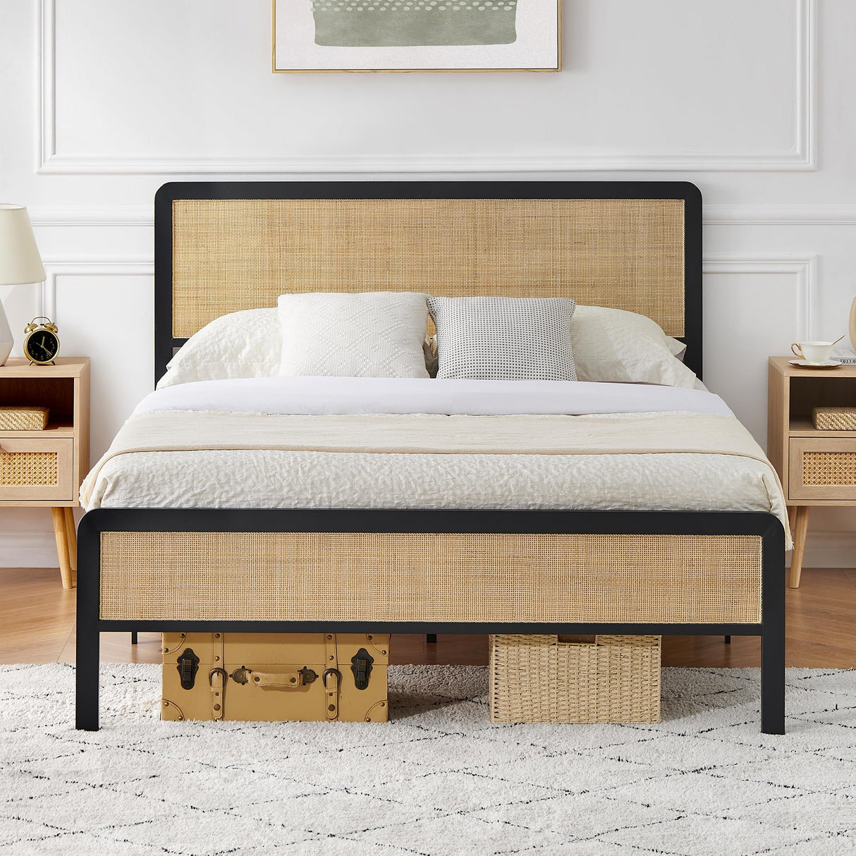IDEALHOUSE Queen Metal Bed Frame with Rattan Headboard and Footboard, Strong Metal Slat Support, No Box Spring Needed, Queen Size, Black & Oak (Full((U.S. Standard)) IDEALHOUSE