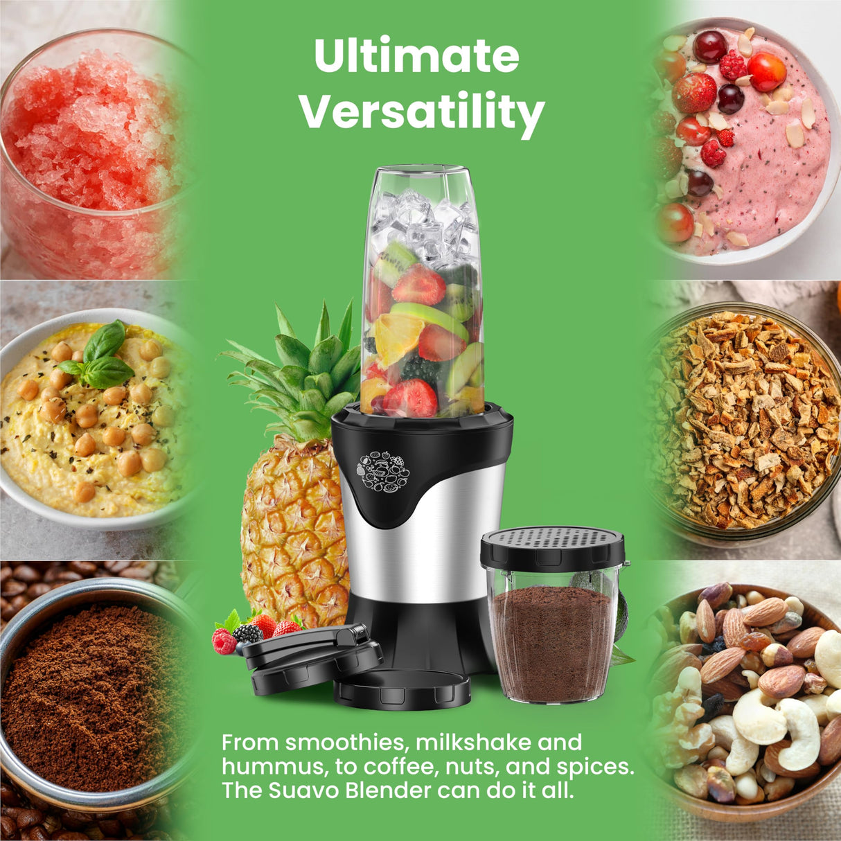 Suavo Smoothie Blender 1100W Portable Personal Blender for Shakes and Smoothies with 2 * 22Oz To-Go Cups & Lids, Includes Portable Coffee Grinder and 10Oz BPA-Free Travel Cup Countertop Mixer Blender SUAVO