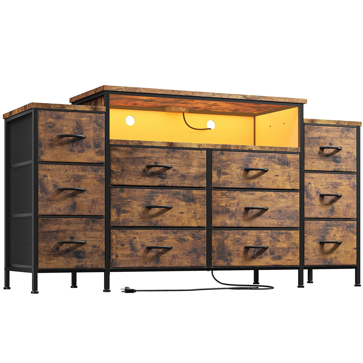 EnHomee 55" W Dresser for Bedroom with LED Lights & Charging Station 12 Drawer Dressers & Chests of Drawers Dresser TV Stand for Bedroom for Hanging 65" TV, Metal Frame & Fabric Drawers, Rustic Brown EnHomee