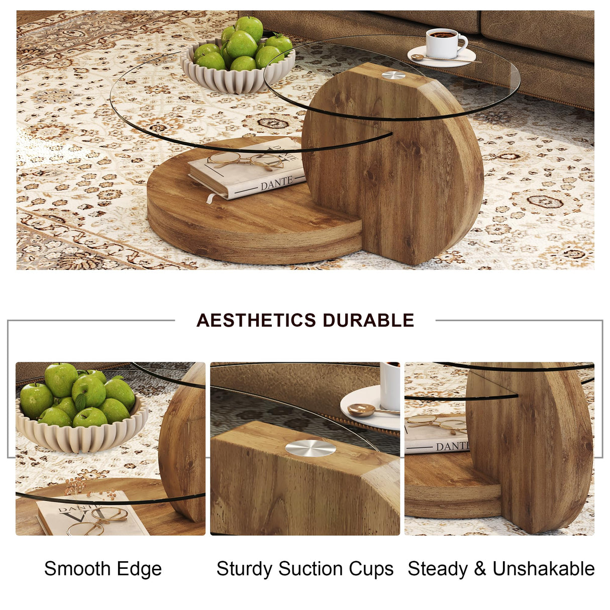 35.4" Glass Coffee Table, Small Round Coffee Table, 2-Tier Tempered Glass Tabletop with Wooden Base, Modern Center Table for Living Room, Home, Apartment, Ideal for Small Space CTPNMCIN