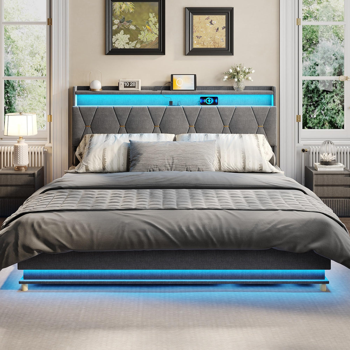 Fameill King Size Lift Up Storage Bed Frame, Storage Headboard with Charging Station, LED Lights Upholstered Platform Bed, No Box Spring Needed, Noise-Free, Dark Grey Fameill