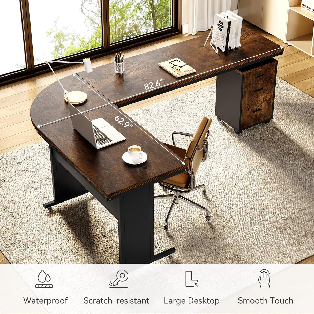 LITTLE TREE 83 Inch L-Shaped Office Desk with Drawers, Large Executive Office Desk with Storage, Wooden Computer Desk with File Cabinet, Modern Work Desk for Home Office, Brown LITTLE TREE