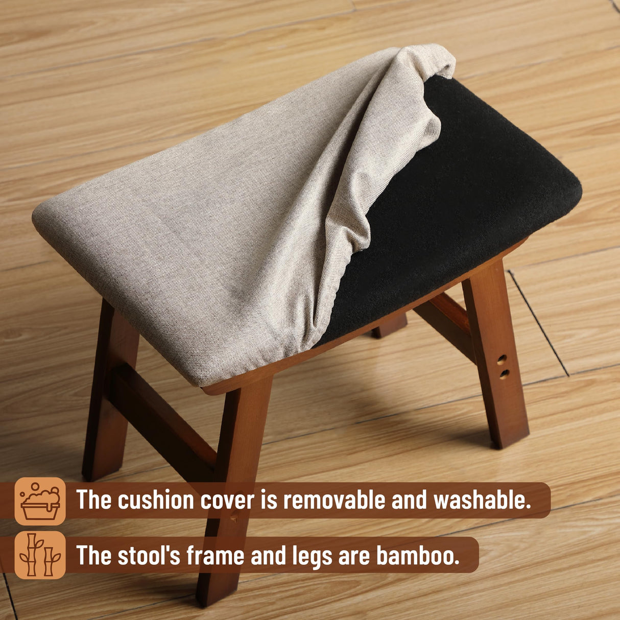 BAMBOO LAND- Bamboo Foot Stools Ottoman, Beige Cushion & Brown Wood Legs, Small Ottoman Foot Rest for Couch BAMBOO LAND