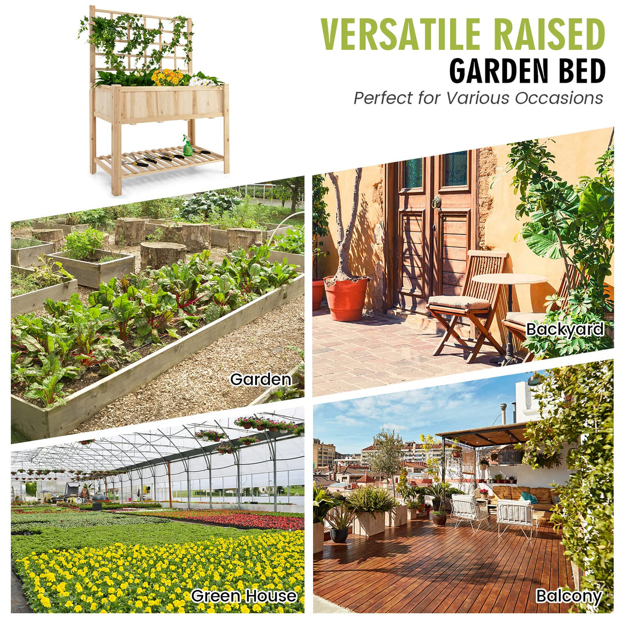 S AFSTAR Raised Garden Bed with Trellis, 48x23x63in Elevated Planter Box with Legs, Bottom Storage Shelf, Planter Liner, Wood Standing Planter Stand for Climbing Plants Flowers Vegetables Herbs S AFSTAR