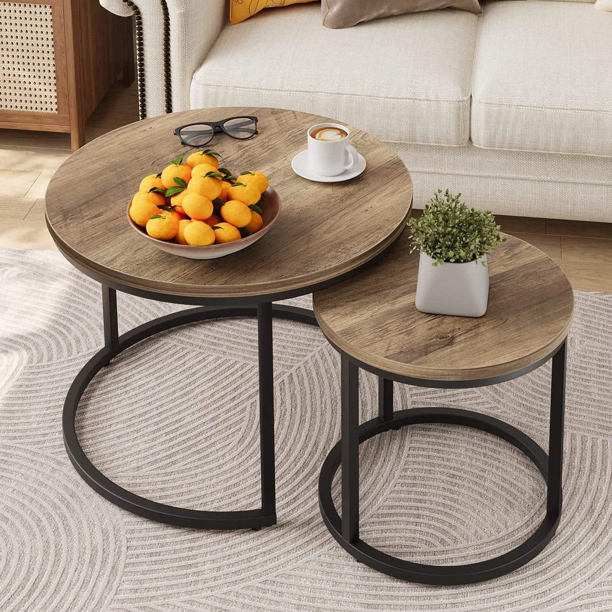Smuxee Nesting Coffee Table Set of 2, 23.6" Round Coffee Table Wood Grain Top with Adjustable Non-Slip Feet, Industrial End Table Side Tables for Living Room Bedroom Balcony Yard Smuxee