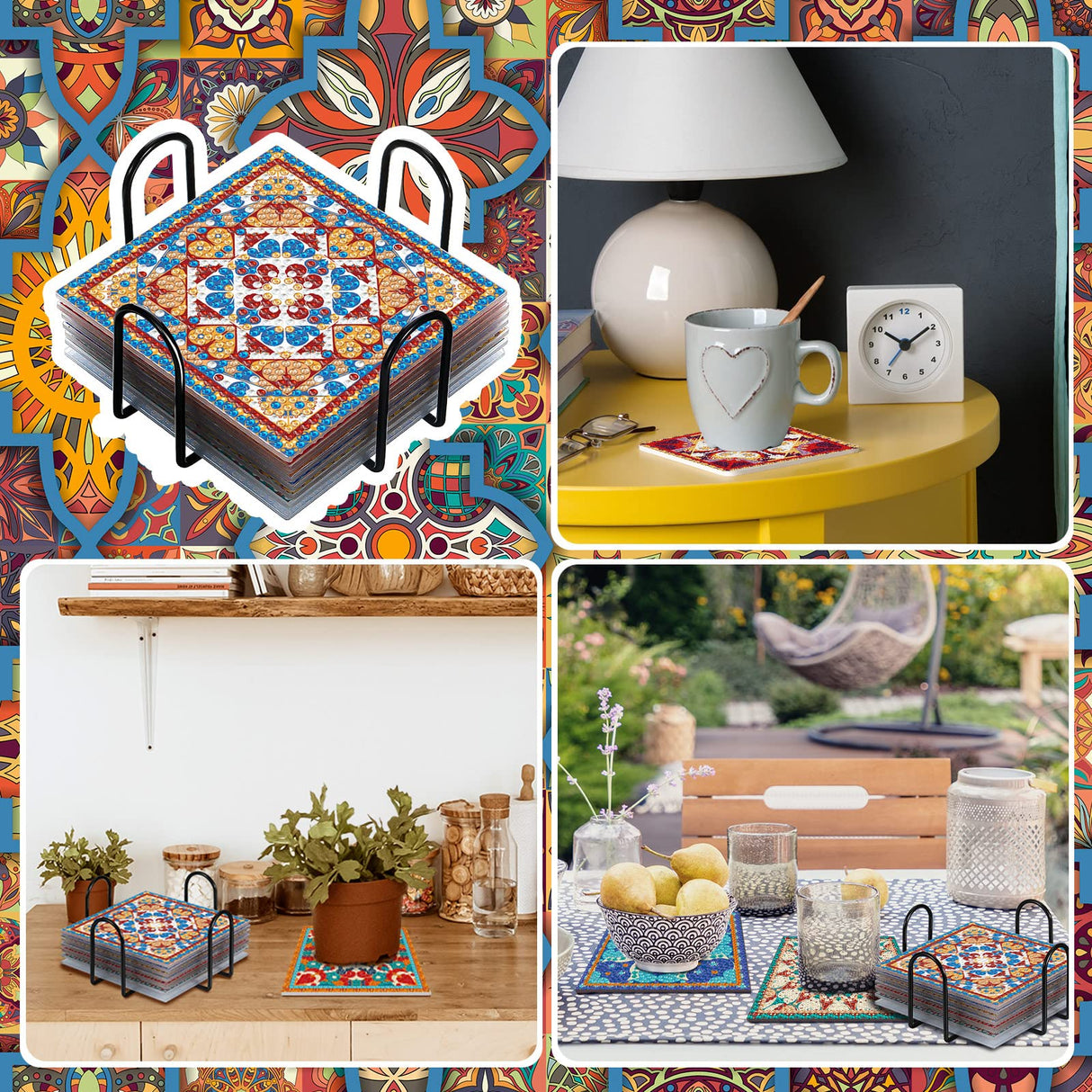 Purpeak 8 Pcs Diamond Coasters Diamond Painting Coasters DIY Mandala Kits with Holder Square Boho Paisley Art 5d Kits for Beginners Adults Craft Purpeak