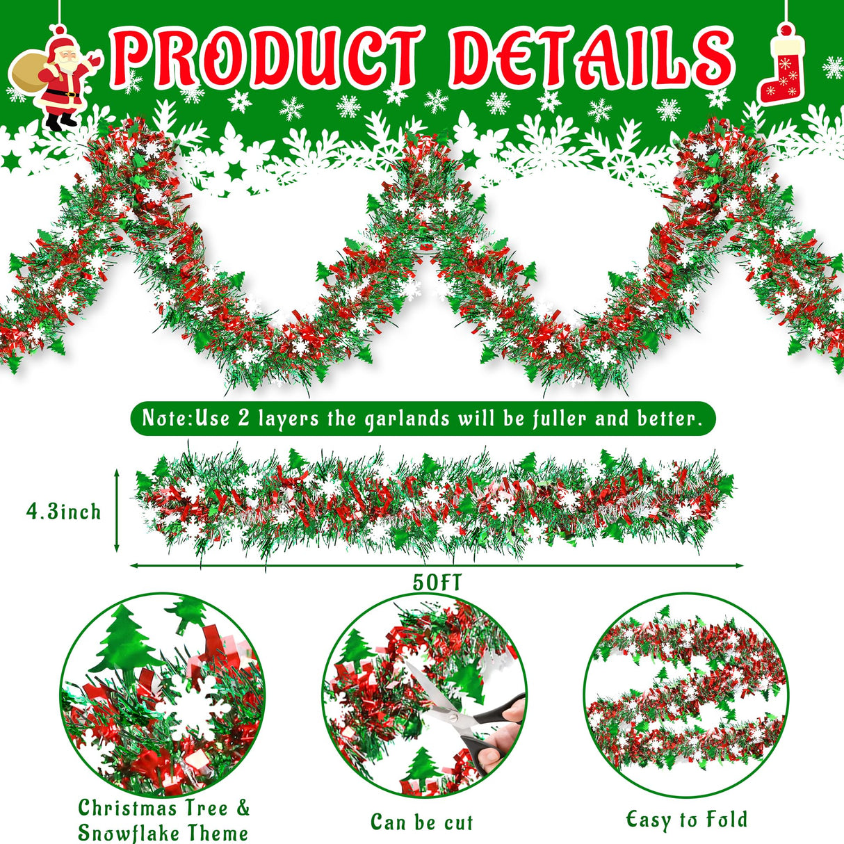 50 FT Christmas Decorations Tinsel Garland with Snowflake Christmas Tree, Red Green Silver Shiny Metallic Twist Christmas Garland for Home Tree Mantle Stairs Indoor Outdoor Holiday Xmas Party Decor Lairyan