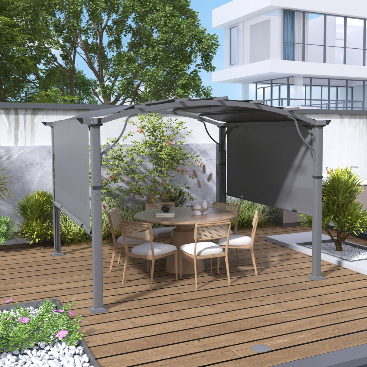 LUXIJOY 10 x10 Arched Outdoor Pergola Patio Metal Pergola for Deck, Outdoor Retractable Pergola with Canopy and Hardware, Small Aluminum Pergola with Canopy Fixed in Various Positions (Grey) LUXIJOY