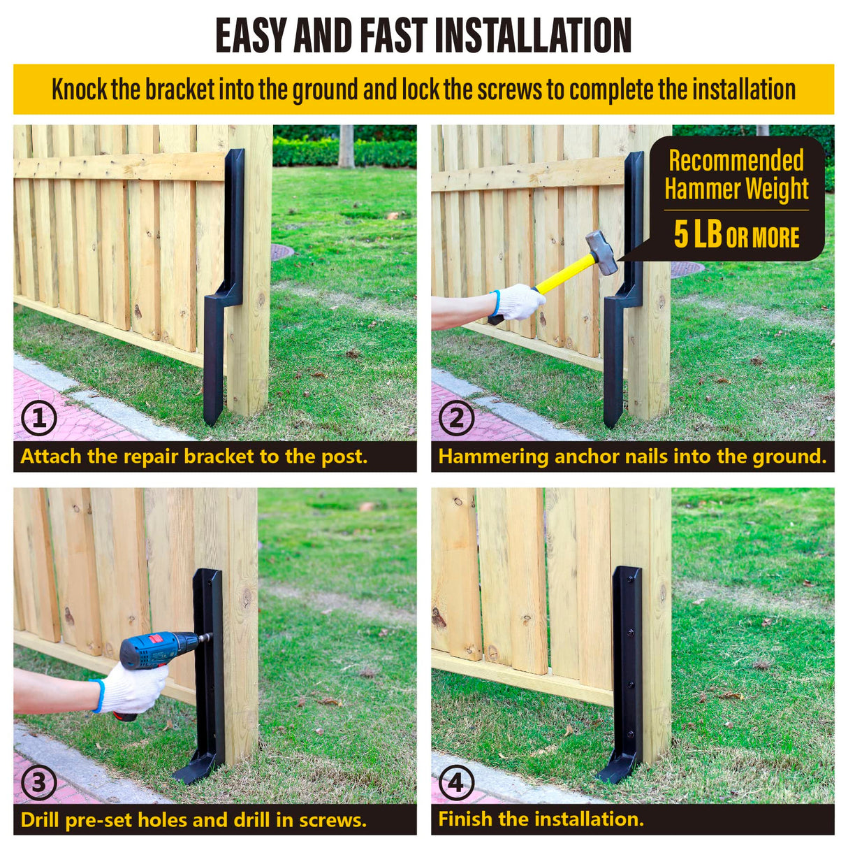 Epcee Heavy Duty Steel Fence Post Repair Stakes, Fence Post Anchor Ground Spike, for Repair Tilted/Broken Wood Fence Post (4 Pack/Black) Epcee