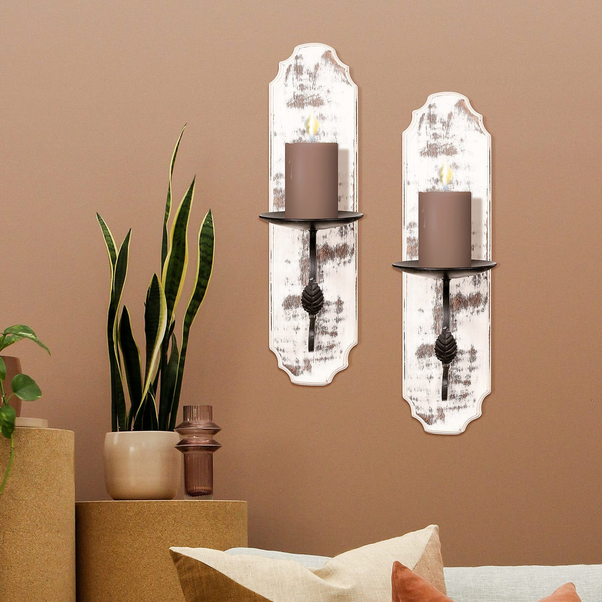 Wallmounted Pillar Candle Sconce,Wall Mount Rustic Candleholders, Wood Candle Holders,Floating Shelves,Hanging Shelf,Farmhouse Wall Décor,Large Wooden Handmade Sconces-15.5x4x6 White Wash Set of 2 Bedding Craft