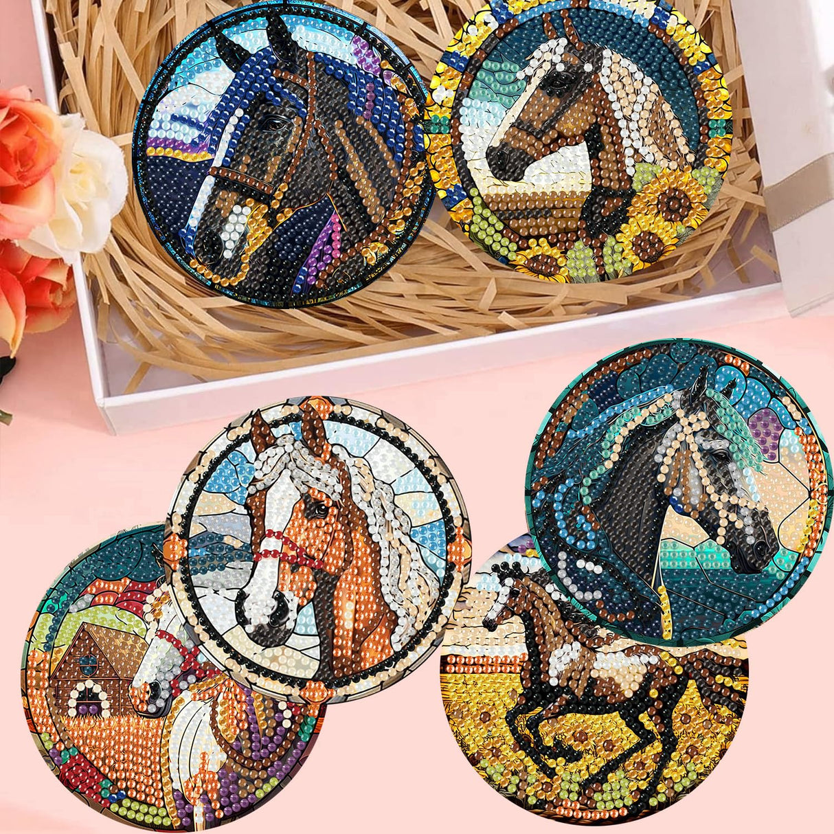 Zythron 8 PCS Diamond Art Coasters Horse Diamond Painting Coasters Kits Horse with Holder Cork Pads DIY for Beginners, Adults, Diamonds Art Crafts Supplies 4x4 in Zythron