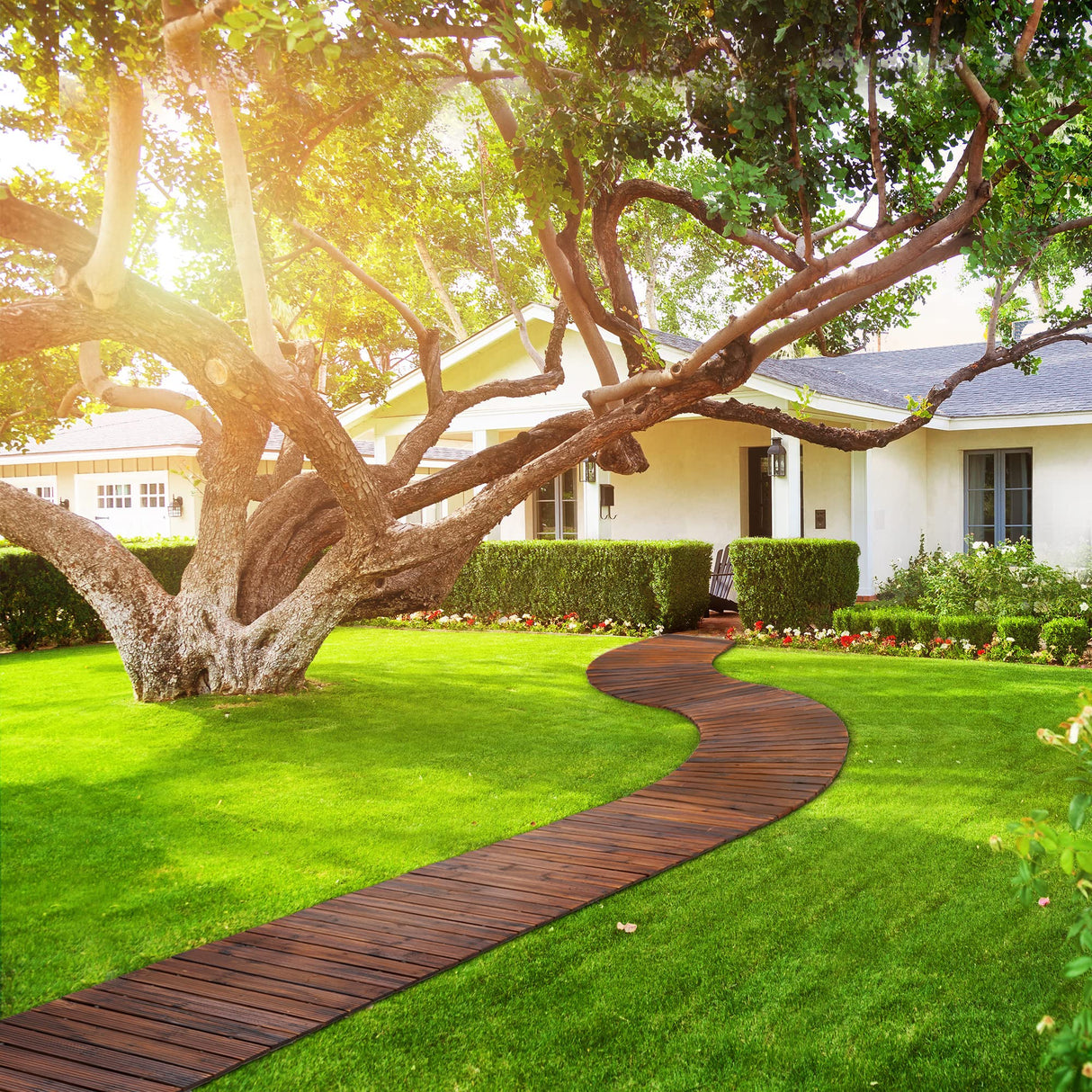 Spurgehom 8FT Wooden Garden Pathway Curved Outdoor Walkway Roll Out Cedar Wood Patio Flooring Path Decorative Lawn Patio Pavers Boardwalk Beach Spurgehom