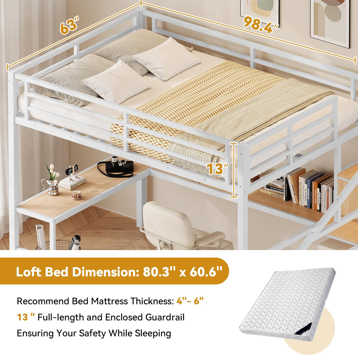 GM Ultra Queen Size Loft Bed with Desk & Storage Stairs, Metal Loft Bed with Wardrobe, LED Light & Charging Station, Versatile High Loft Bedframe for Kids Teens Adults, No Box Spring Needed, White GM Ultra
