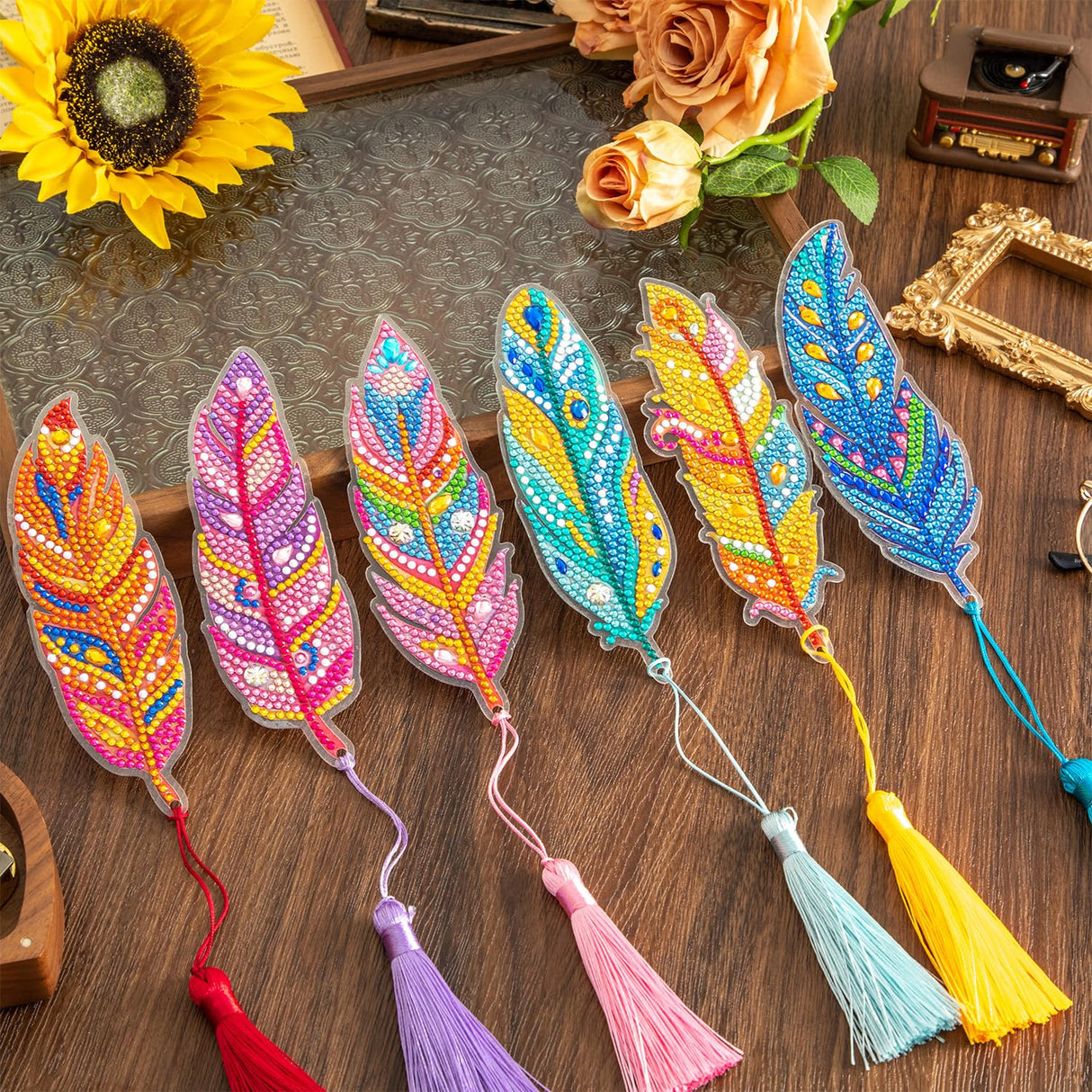 6 Pcs 5D Diamond Painting Art Kit, DIY Acrylic Crystal Diamond Bookmarks with Tassel, Flower & Feather Designs, Handmade Crafts BookMark Gift for Book Lovers, Women & Teenage, Creative Decor emmoolife