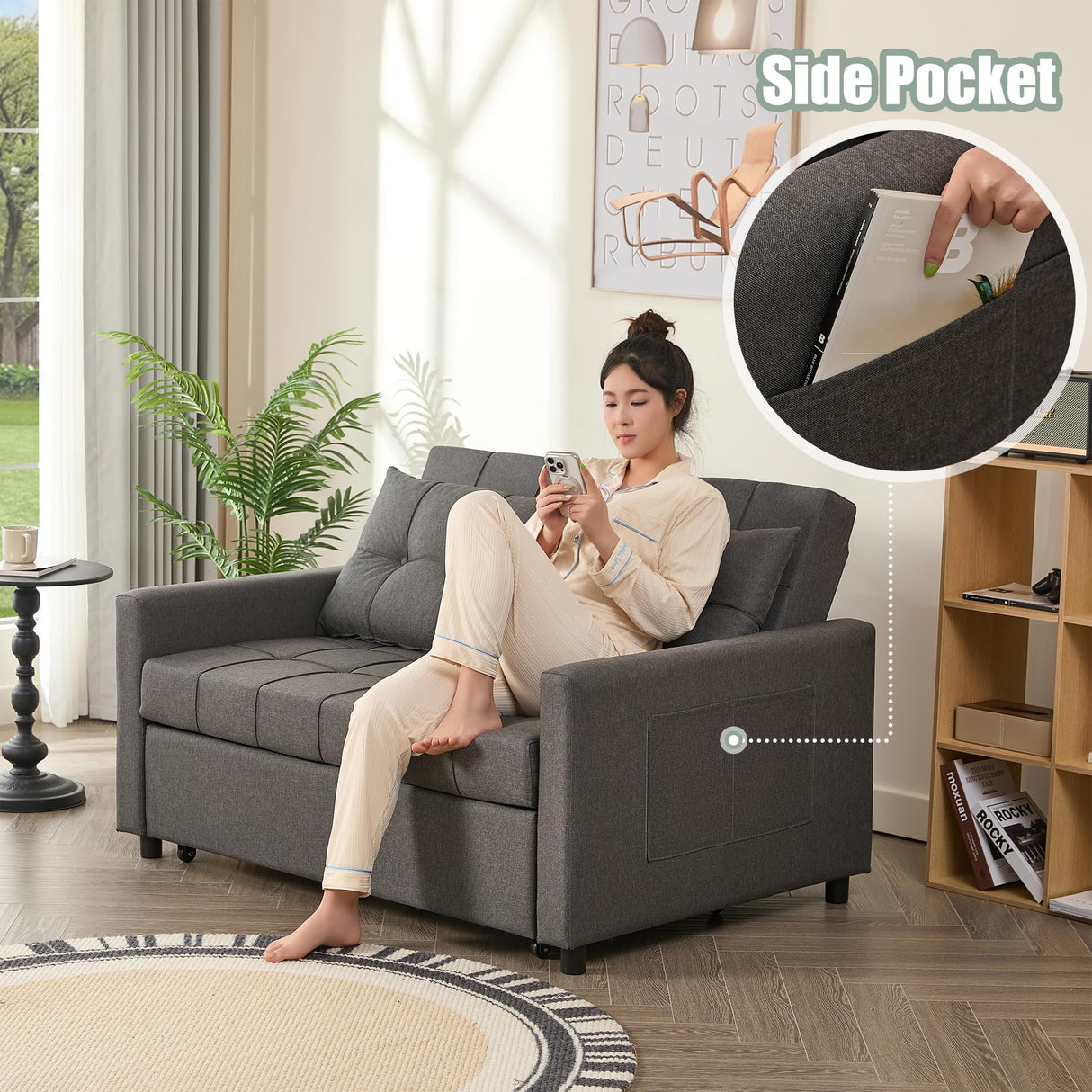 52" Sleeper Sofa with Pull-Out Bed, 3-in-1 Convertible Sofa Bed, Loveseat with Stepless Adjustable Backrest and Side Pocket, for Living Room Dorm Apartment, Linen, Dark Gray GOSUHI