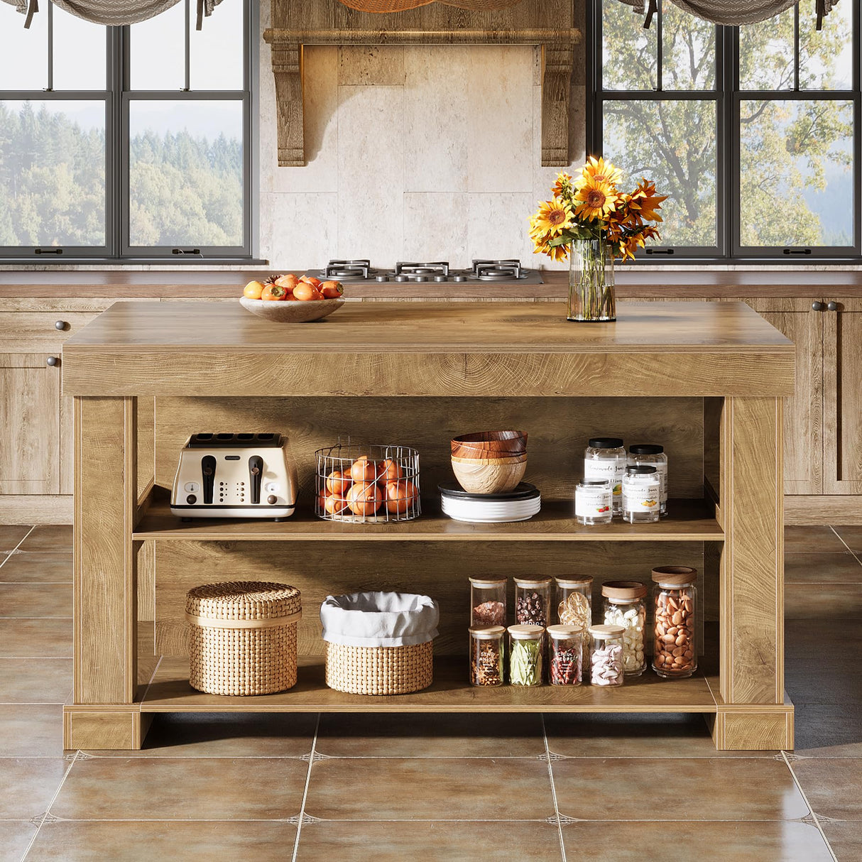 Tribesigns Kitchen Island with 3 Shelves, 55 Inches Width Kitchen Shelf with Large Worktop, Stable Wooden Structure, Farmhouse Style, Easy to Assemble, Light Brown Tribesigns