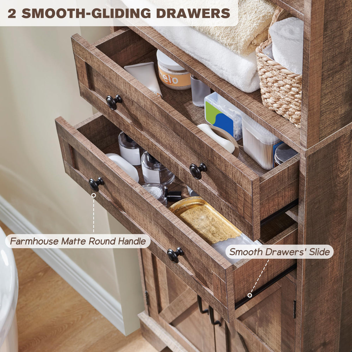 ACCOHOHO Farmhouse Bathroom Cabinet, 72" Tall Storage Cabinet with 2 Drawers, Adjustable Shelves & Barn Door, Cabinets for Bathroom, Living Room, Kitchen, Rustic Brown ACCOHOHO