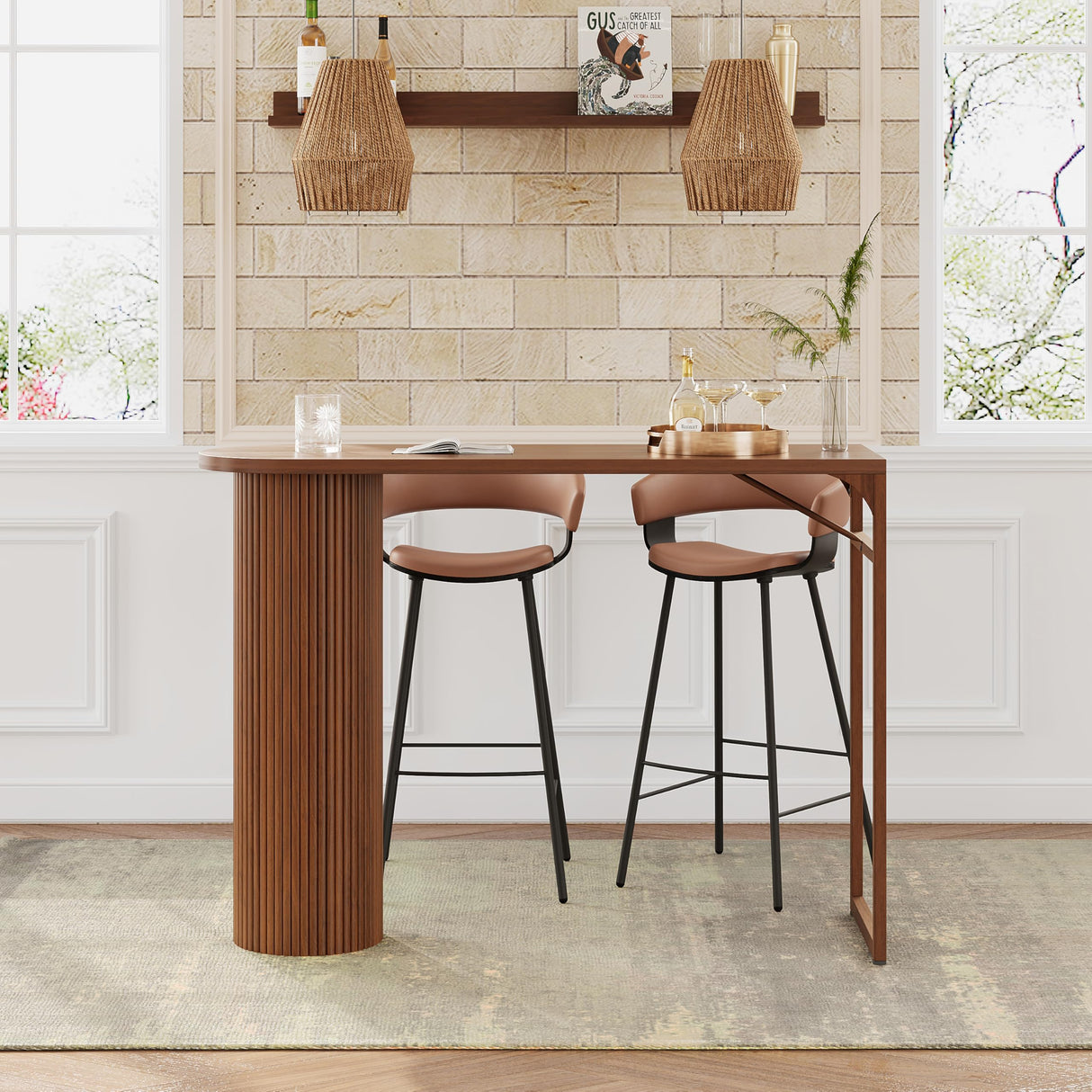 55" Long Bar Table, Fluted Wood Counter Height Pub Table, High Top Kitchen Breakfast Bar Tables with Sturdy Metal Frame, Modern Bar Height Dining Table for Bistro, Dining Room, Living Room YZRSTY