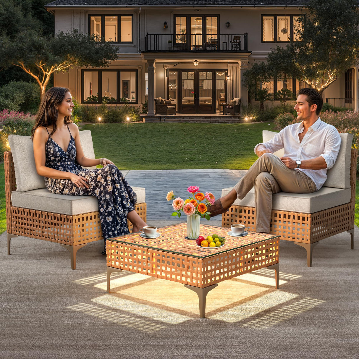 DWVO Patio Furniture Set 3 Pieces Outdoor Sectional Sofa with Solar Light Table & Waterproof Cushions Outdoor Couch All-Weather Rattan Patio Conversation Set for Balcony Garden Porch DWVO