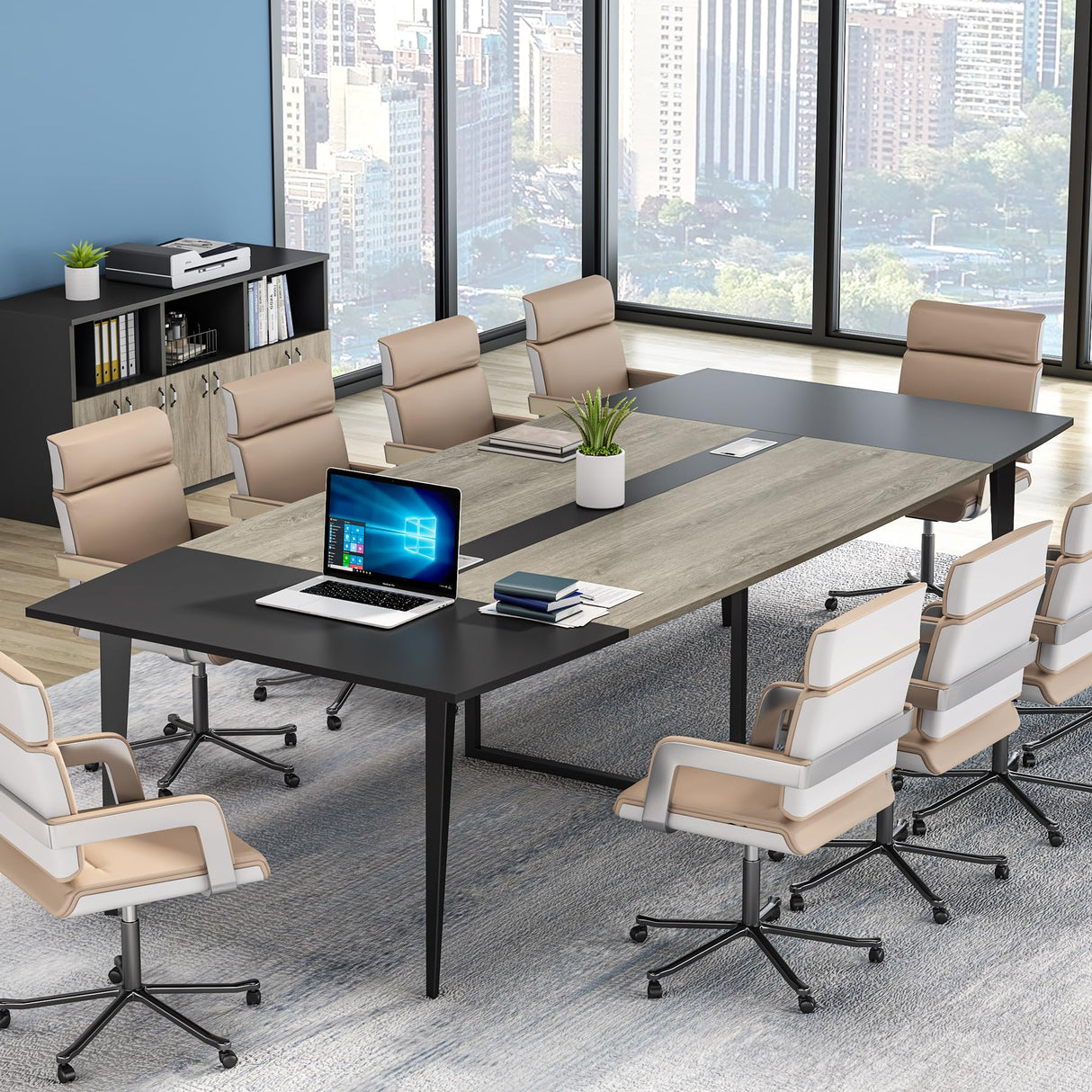 Tribesigns 8FT Conference Table, 94.48L x 47.21W x 29.52H Inches Boat Shaped Meeting Table with Rectangle Grommet, Modern Seminar Boardroom Table for Office Conference Room (Grey & Black, 8ft) Tribesigns