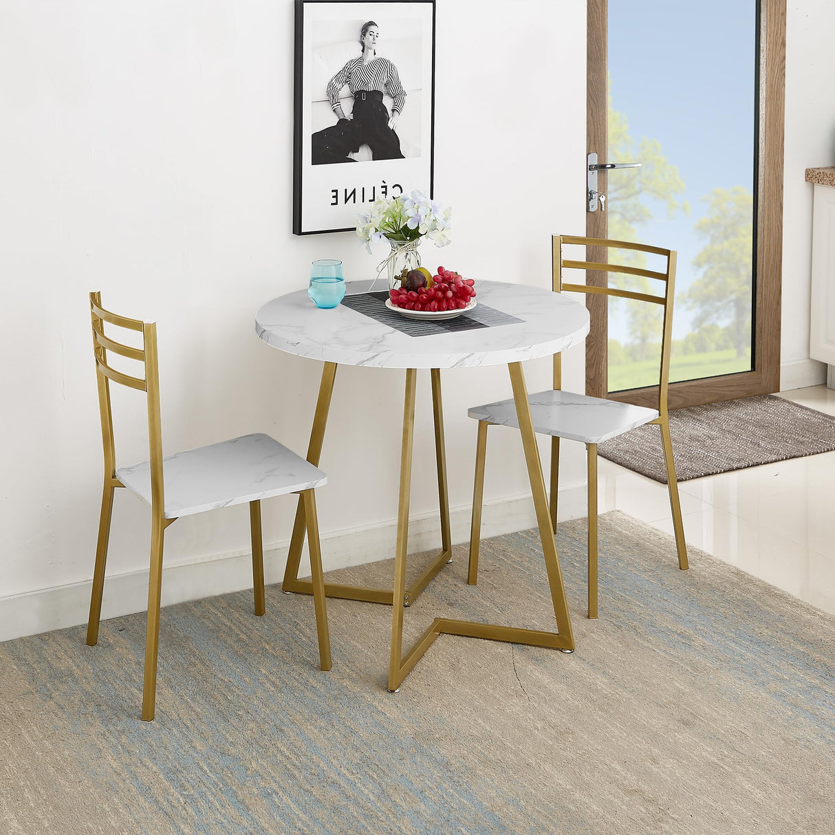 VECELO Round Dining Room Table with Wood Grain Tabletop and Steel Frame, for Kitchen, Living Room, Office, Conference, 2 to 4 Person, White & Gold VECELO