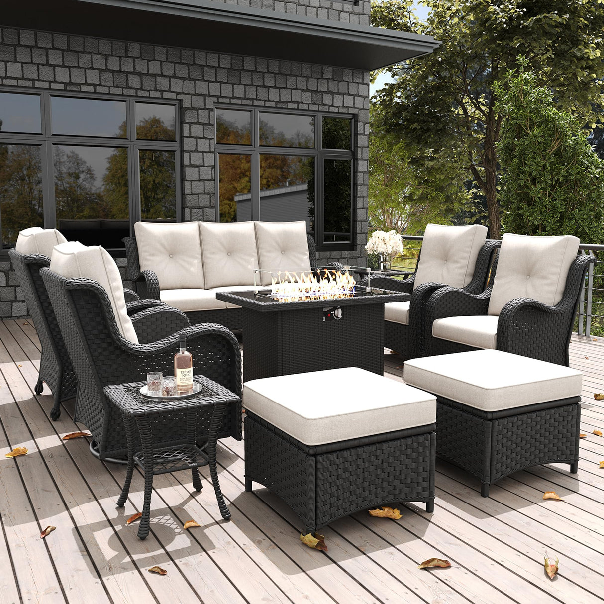 LayinSun 10 Pieces Outdoor Patio Furniture Set with Fire Pit Table, Rattan Wicker Sectional Swivel Rocker Chairs Sets with Ottomans, Swivel Glider Chair, Single Chairs and Coffee Table LayinSun