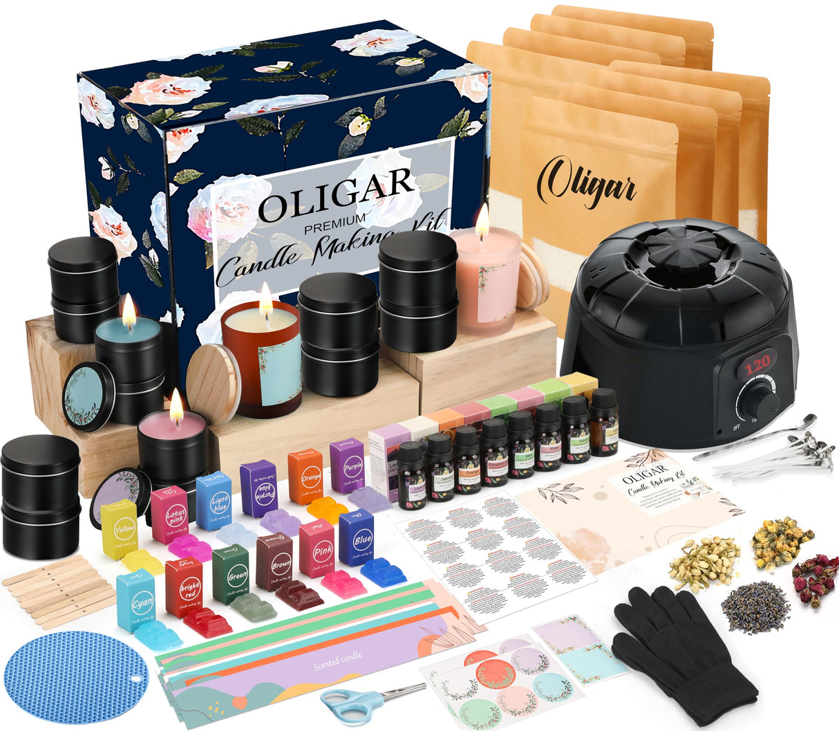 Oligar Complete Candle Making Kit with Wax Melter, Candle Making Supplies, DIY Arts&Crafts Kits Gift for Beginners,Adults,Kids,Including Wax Melter,Rich Scents,Dyes,Candle Tins,SoyWax,Wicks Oligar
