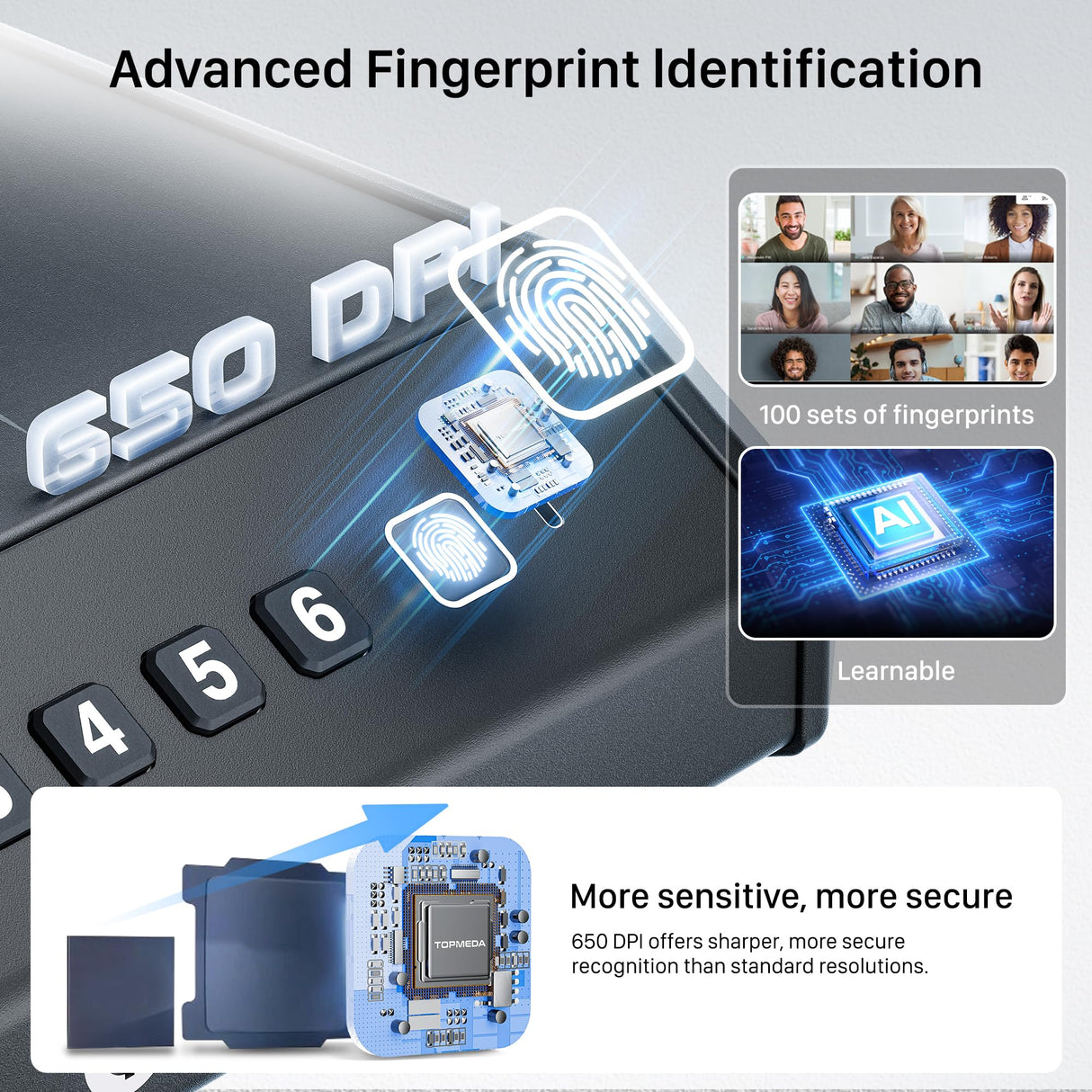 Large Gun Safe for 2-4 Pistols, Fingerprint Digital PIN Key Unlock with LCD Display & USB Port, 650 DPI Quick Access Biometric Handgun Safe, Hand Gun Lock Box for Home Drawer Car Bedside Nightstand TOPMEDA