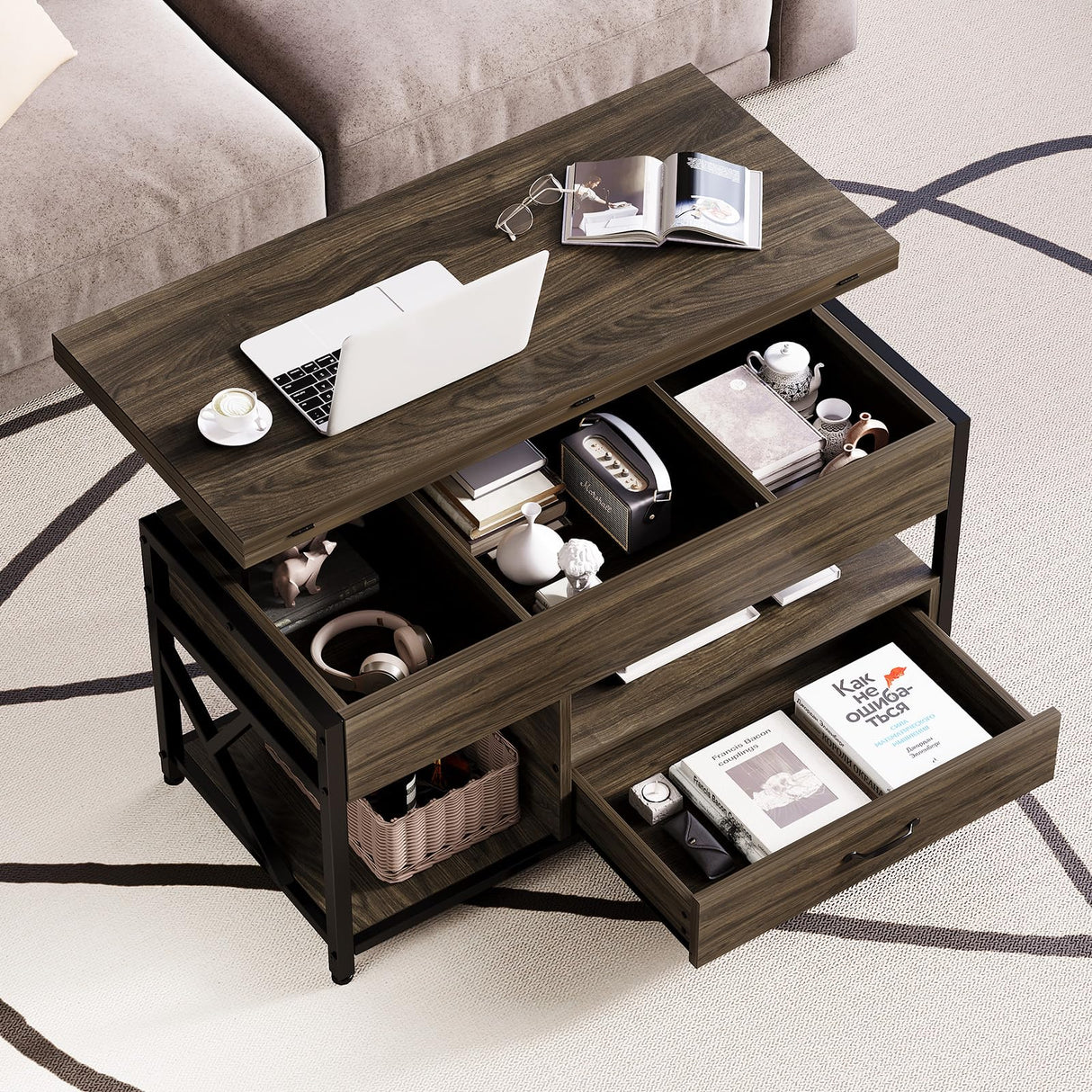 ONBRILL Coffee Table, 40" Lift Top Coffee Table with Drawers & LED Light for Living Room, Coffee Table with Hidden Compartment & 2 Open Shelves for Dining Reception Room, Black ONBRILL