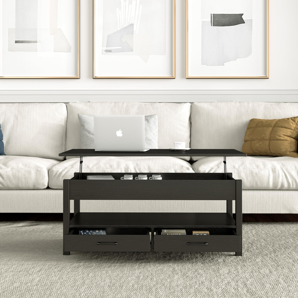 Panana Coffee Table, Lift Top Coffee Table with Hidden Compartment, 2 Drawers and 1 Open Shelf, Retro Central Wooden Table Lift Tabletop for Living Room (Black) Panana