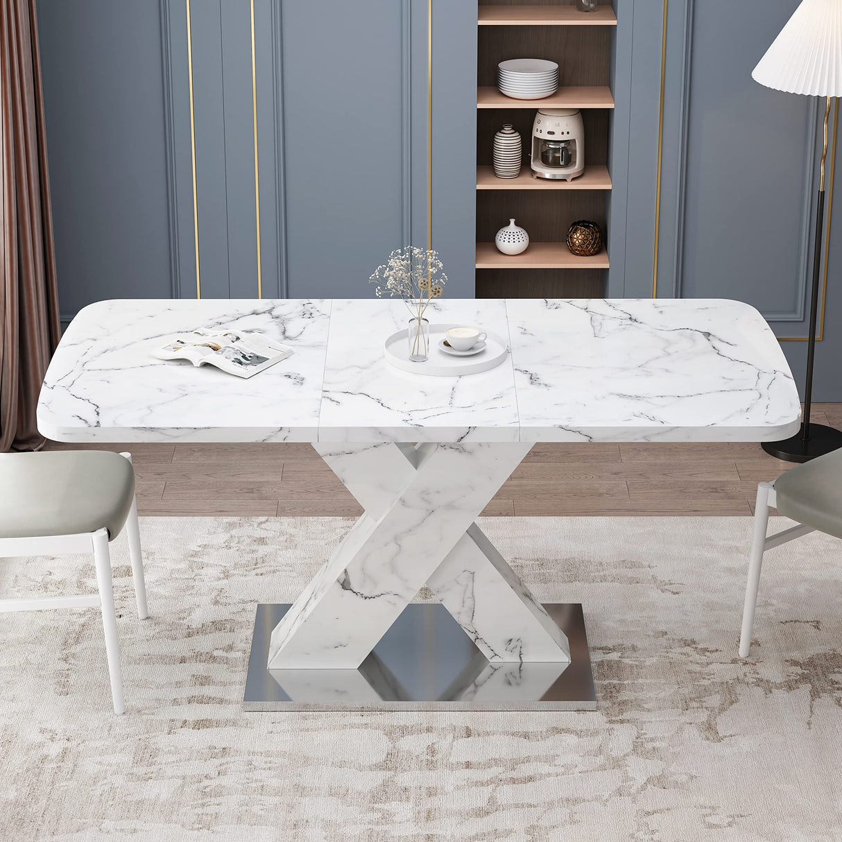 Lasadelgar Expandable Dining Table for 4, Extendable 47-63 Inch Modern White Faux Marble Dining Room Table with MDF Table Top X-Shape Table Leg Metal Base Lasadelgar